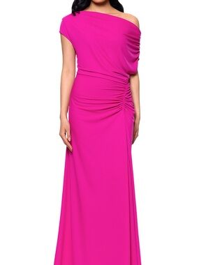 Betsy & Adam One-Shoulder Hot Pink Ruched Gown